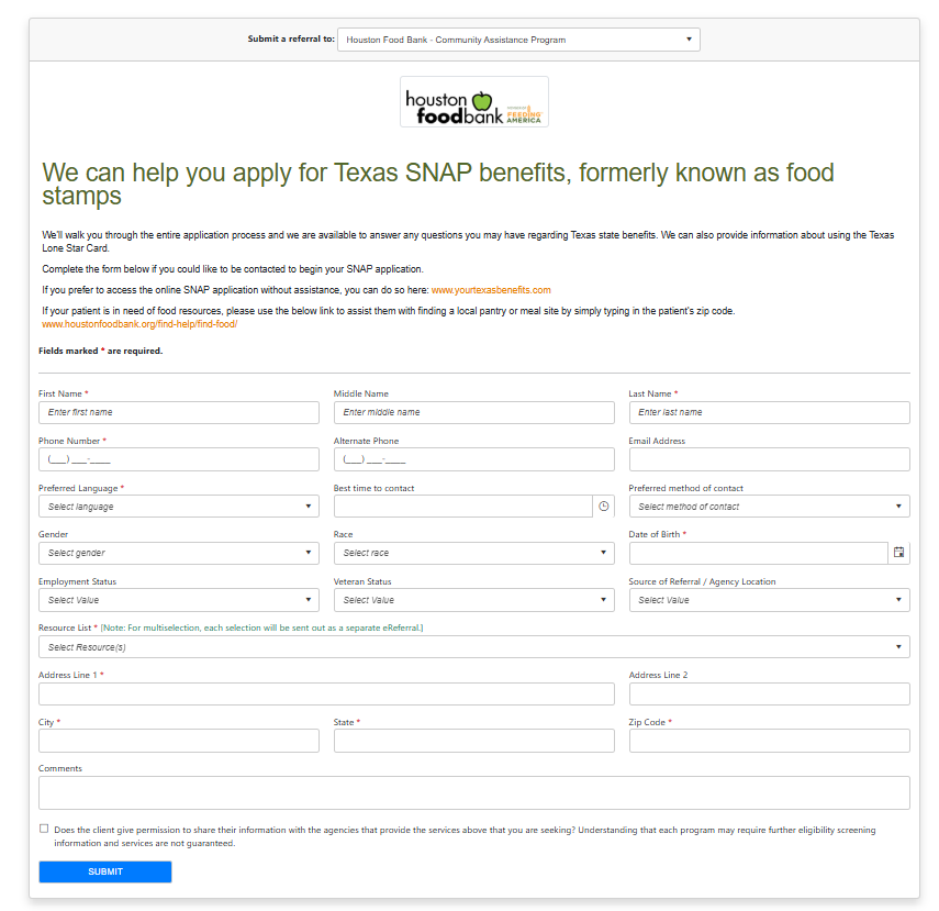 Houston Food Bank online referral form in use